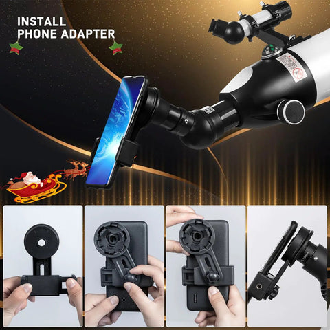 Awesome Starter Friendly 90mm Refractor Telescope with 700mm Focal Length displaying phone installation on telescope.