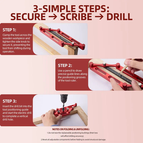 Instructions for using the Precision Center Finder Dowel Drill Guide With Self Centering Interchangeable Rods Aluminum Alloy Tool.