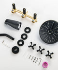 Components of Three-Handle Tub And Shower Faucet Set In Dope Matte Black With 6-Inch Shower Head, Tub Spout, and hardware on display