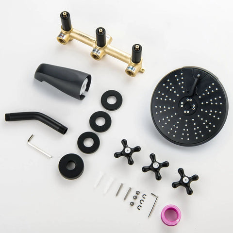 Components of Three-Handle Tub And Shower Faucet Set In Dope Matte Black With 6-Inch Shower Head, Tub Spout, and hardware on display