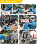 Steps for using 7 Piece Bike Cleaning Kit With Degreaser 10 Oz And Wet Lube 2 Oz, showing application on bike drivetrain.