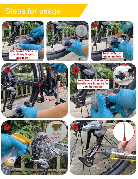 Steps for using 7 Piece Bike Cleaning Kit With Degreaser 10 Oz And Wet Lube 2 Oz, showing application on bike drivetrain.