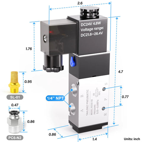 2 Position 5 Way Pneumatic Solenoid Valve With Junction Box DC Twenty Four Volt Single Coil Pilot Operated Electric Valve 1/4" NPT ports