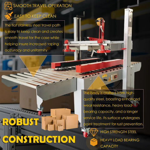 Pro Grade Automatic Carton Sealer Featuring Double Flap Tape Sealing Machine with stainless steel conveyor for efficient packing.