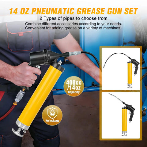 Pro Grade Heavy Duty Pneumatic Grease Gun Kit 6000 PSI, 14 Oz Capacity, yellow air operated tool with 18 inch hose