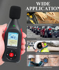 Decibel Meter Data Logger With Real Time Sound Level Readouts, 43,000 Data Capture And Excel Export, Rechargeable Noise Monitor With AC DC Output, Three Color Alarm, PC Connectivity And Main Unit Display handheld digital sound level meter
