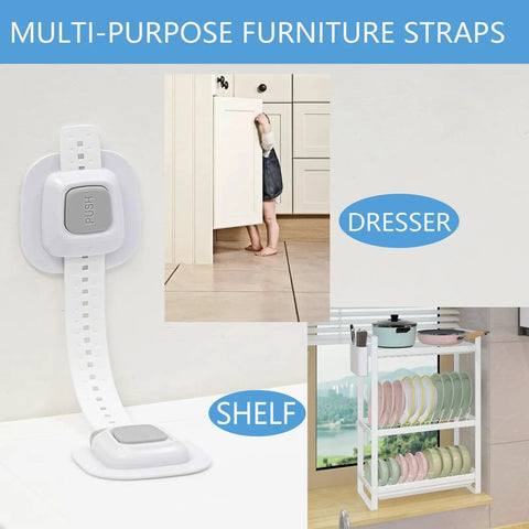 Upgraded No Drill Furniture Wall Anchors For Baby Proofing And Child Safety, 4 Pack Cabinet Strap Locks securing dresser and shelf