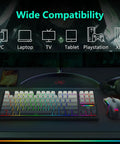 Wireless Mechanical Keyboard And Mouse Combo With Tri Mode Connectivity And Glowing Rgb Backlighting For Zero Cable Chaos And Sick Gaming Setups On Any Clean Office Desk In Matte Black, showcasing compatibility with multiple devices.