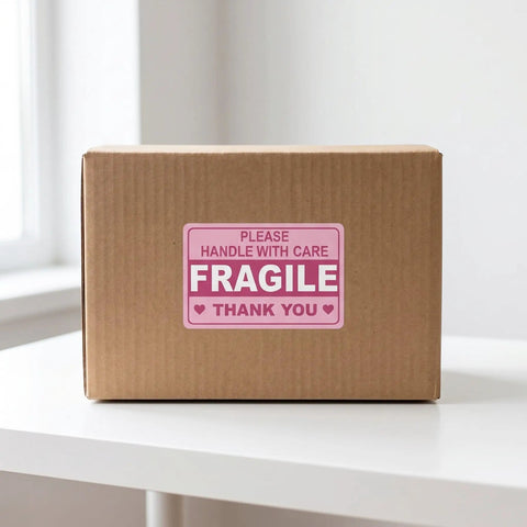Fragile Handling Sticker Pack 600 Count For Boxes And Warehouse Shipments Red Copper Plate Labels on cardboard box