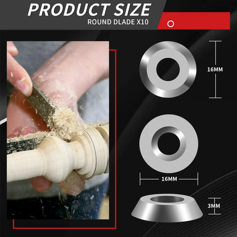 16mm Round Carbide Inserts For Woodturning, Pro-Grade Indexable Tungsten Carbide Cutter Set next to hands woodturning on lathe