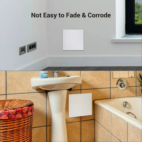 Heavy Duty ABS Plastic Access Panel For Drywall 8X16 Inch Wall Hatch Cover Door in living and bathroom settings.