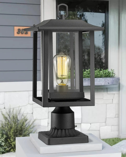 Big Outdoor Post Light in Black Cast Aluminum With Clear Glass, Large Pier Mount Lantern With Base, exterior view
