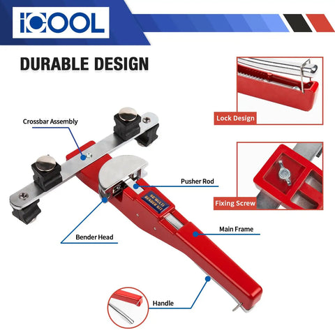 Tubing Bender Kit With Seven Exchangeable Heads One Quarter To Seven Eighths Inch For Soft Copper And Aluminum HVAC Refrigeration Systems Includes A Handy Tube Cutter And Pro Grade Aluminum Alloy Build showing bender head and handle details