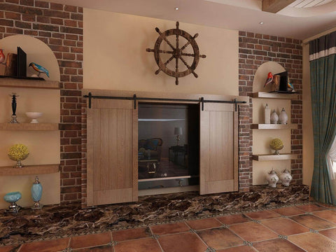 Fireplace with brick wall featuring Mini Barn Door Hardware Kit for Double Cabinets in Matte Black, Classic Strap Design, 1 in tall rails