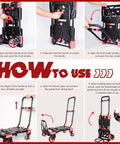 Instructions for using 2 In 1 Folding Hand Truck Dolly Cart Heavy Duty Moving Carrier with 4 foldable wheels and telescoping handle.
