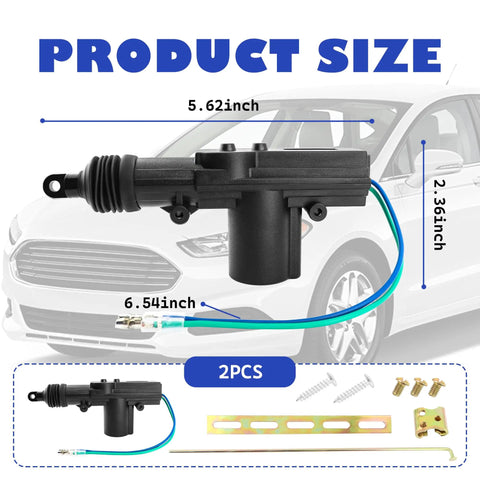 Image of Two Piece Motorized Door Lock Actuator Kit with dimensions and components shown in front of a car.