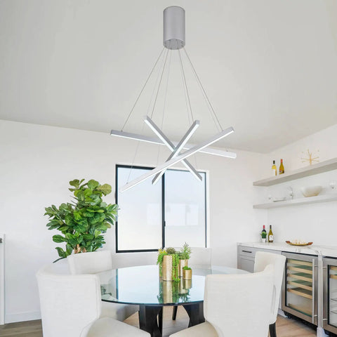 Modern LED Linear Pendant Chandelier With Dimmable Four Lights, Adjustable Wire Design showcased in dining room setting.