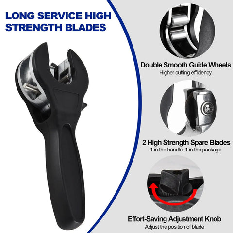 Ratcheting Tube Cutter For Tight Spaces With Ergonomic Handle And Sharp Blades That Easily Cut One Quarter Inch To One And One Eighth Inch Copper Brass And Aluminum Pipes Includes Three Steel Blades And Slip Free Gloves For DIYers And Pros featuring double smooth guide wheels and adjustment knob.
