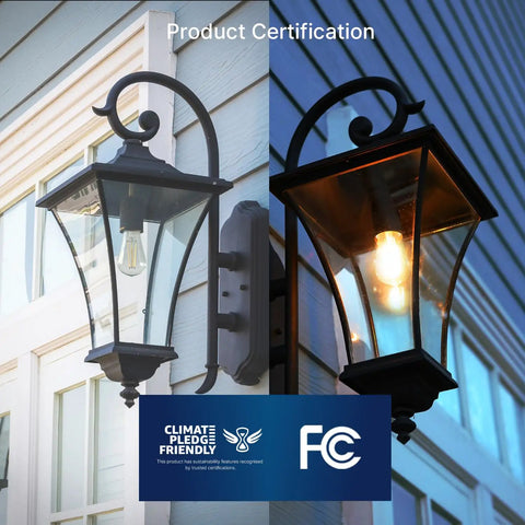 Dusk To Dawn Outdoor Sensor LED Light Bulb ST19 With Auto On Off Photocell in vintage lantern on house exterior