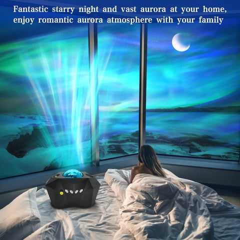 Aurora Projector Night Light With Bluetooth Speaker for bedroom vibes illuminating aurora, moon projection on ceiling.
