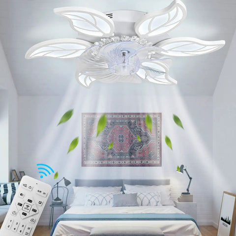 24.5 Inch Dope Modern Ceiling Fan With Lights Remote Control 6 Speed 3 Color Dimmable Silent Fandelier in a bedroom