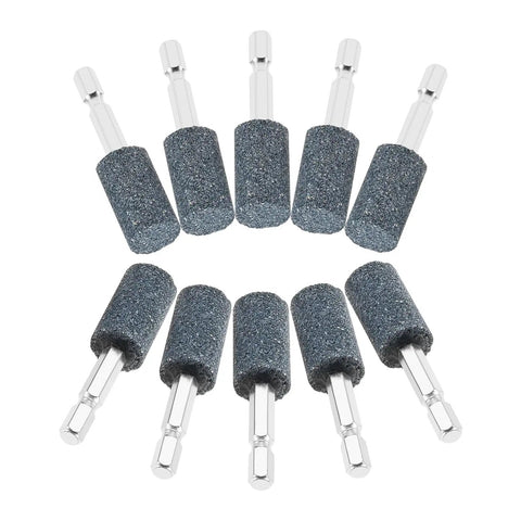 Ten Piece 16mm Cylindrical Aluminum Oxide Mounted Grinding Stones Set With One Quarter Inch Hex Shank For Electric Rotary Tools Drill Grinder Ideal For Metal Wood Plastic Surface Preparation Deburring Finishing