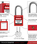 Lockout Tagout Station Kit With 26 LOTO Devices And 20 Do Not Operate Tags Padlock Hasps Wall Mount Board OSHA Compliant Industrial Safety System Built Tough For Heavy Duty Work Environments, focusing on red padlock with stainless steel shackle and laser printed codes.