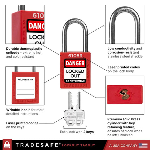 Lockout Tagout Station Kit With 26 LOTO Devices And 20 Do Not Operate Tags Padlock Hasps Wall Mount Board OSHA Compliant Industrial Safety System Built Tough For Heavy Duty Work Environments, focusing on red padlock with stainless steel shackle and laser printed codes.