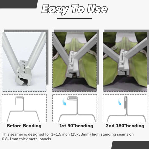 Diagram of Two In One Hand Seamer For Sheet Metal Heavy Duty Standing Seam Tool demonstrating bending process and clip lock design