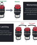 Three Pack 16mm Momentary Push Button Switches With Red LED Indicator, 12V, 5 Pin, 1NO 1NC, Round Panel Mount Button For Industrial Control And Signal Applications, Durable Plastic Housing, Easy Wiring, Pro Grade; momentary and latching views