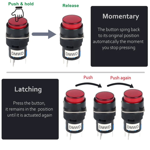Three Pack 16mm Momentary Push Button Switches With Red LED Indicator, 12V, 5 Pin, 1NO 1NC, Round Panel Mount Button For Industrial Control And Signal Applications, Durable Plastic Housing, Easy Wiring, Pro Grade; momentary and latching views