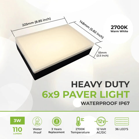 Diagram of Heavy Duty 6x9 Inch Paver Light Warm White 2700K Drive Over Rated 12V Waterproof Landscape Lighting features
