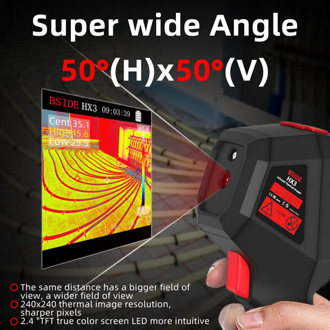 Rechargeable Handheld Infrared Thermal Camera With 240 By 240 Resolution displaying thermal image on screen.