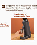 No Fuss Electric Coffee Grinder Featuring A 40mm Hardened Stainless Steel Conical Burr And 19 Exact Gear Positions For Killer Espresso And Hand Drip Brewing In Sleek White Design showing magnetic powder cup.