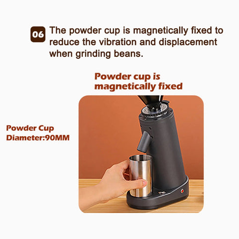 No Fuss Electric Coffee Grinder Featuring A 40mm Hardened Stainless Steel Conical Burr And 19 Exact Gear Positions For Killer Espresso And Hand Drip Brewing In Sleek White Design showing magnetic powder cup.