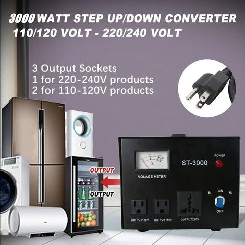 Beefy Step Up Down Voltage Transformer Converter With Built In Meter For 110V Or 220V Use, Circuit Breaker Protection, Heavy Duty Cord, Lightweight Yet Solid, Regulates Input From 85 To 130 Or 180 To 260 Volts To Output 110V Or 220V