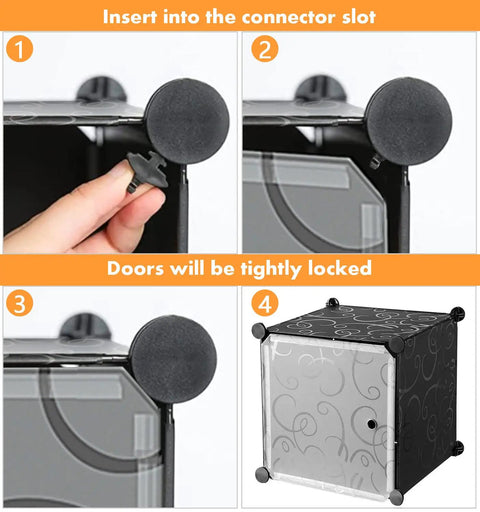 Assembly steps for Twenty Cube Storage Organizer With Doors For Bedroom And Living Room Modular Plastic Shelving Unit with connectors.