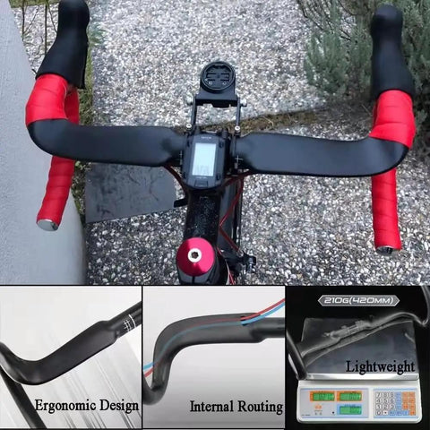 Ultra Light 31.8mm Carbon Road Bike Handlebar 400mm Wide Internal Routing 3K Matte Black Drop 127mm Reach 104mm T700 Fiber Lightweight For Cycling Riders installed on bike close up