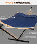 Double Outdoor Hammock With Twelve Foot Stand And Solar Powered Lights Portable Two Person Hammock With Stand In Dark Blue