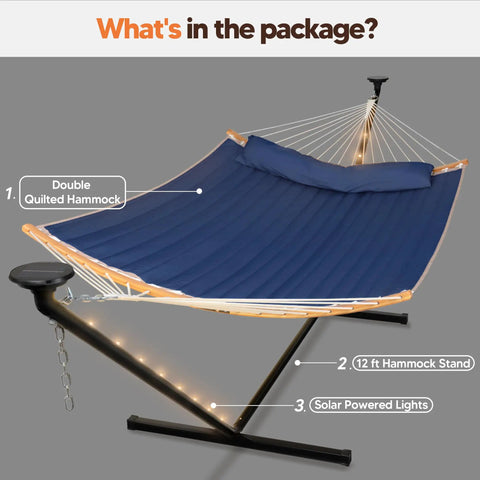 Double Outdoor Hammock With Twelve Foot Stand And Solar Powered Lights Portable Two Person Hammock With Stand In Dark Blue