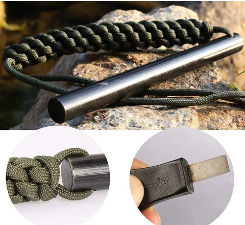 Survival Fire Starter Kit With Drilled Ferrocerium Rod Half Inch By Six Inch Striker Pro Striker Paracord Lanyard And Large Handle Built For Easy Spark Strikes Camping Gear For Camping Trips Emergency Prep And Outdoor Adventures showing ferro rod, paracord, and striker.