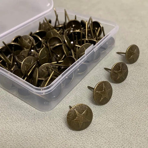 Hardcore Upholstery Tacks And Furniture Nails 100 Pack Heavy Duty decorative antique brass tacks in clear container for DIY restorations.