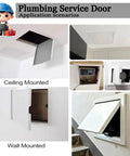 Heavy Duty 12X15 Inch Aluminum Access Panel For Drywall Walls shown in ceiling and wall-mounted scenarios for plumbing access.
