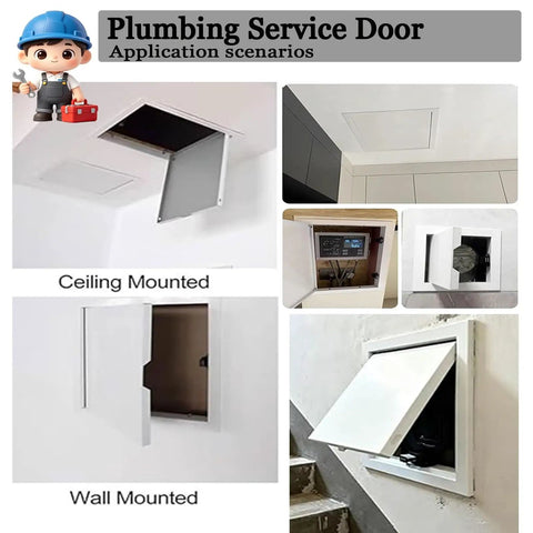 Heavy Duty 12X15 Inch Aluminum Access Panel For Drywall Walls shown in ceiling and wall-mounted scenarios for plumbing access.