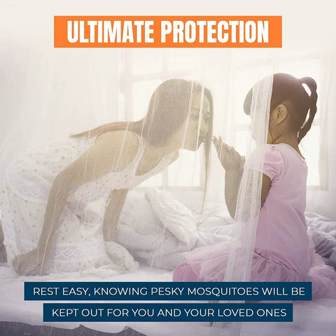 Extra Large King Bed Mosquito Net For King Queen And Twin Beds With Fine Mesh Keeps Out Mosquitoes NoSeeUm And Other Bugs Bed Canopy Curtains White Netting For Home Or Travel Ready To Use covering bed with woman and child inside.