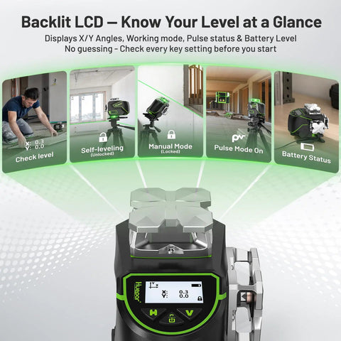 360 Degree Self Leveling Laser Level With 4D Cross Line Laser 4x360 Green Cross Lines LCD Screen Bluetooth Outdoor Pulse Remote Rechargeable Pro Grade 16 Line Layout Tool For Construction Tile Floor Installations, LCD display and magnetic bracket