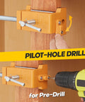 Two Pack Cabinet Clamps With Protective Case Pro Grade Solid Cast Steel Construction Built In Drill Guide With EVA Pads Face Frame Alignment Tool For Quick Cabinet Installations And Woodworking in use for pre-drill.