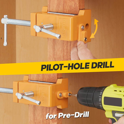 Two Pack Cabinet Clamps With Protective Case Pro Grade Solid Cast Steel Construction Built In Drill Guide With EVA Pads Face Frame Alignment Tool For Quick Cabinet Installations And Woodworking in use for pre-drill.