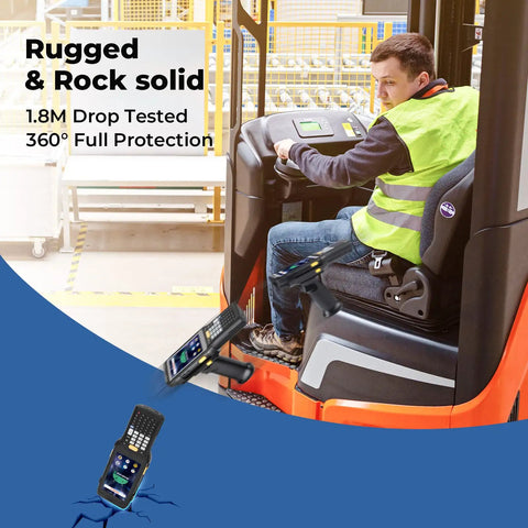 Warehouse worker using Android 13 Barcode Scanner PDA083 with Zebra 4750MR Mid Range Scanner on forklift, focusing on device durability.
