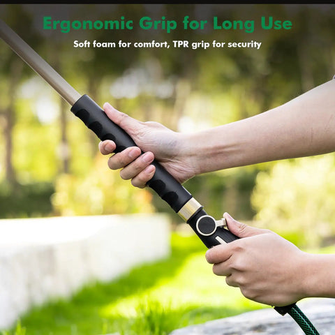 Hands holding Extra Long 36 Inch Watering Wand With Thumb Flow Control showing ergonomic foam and TPR grip.